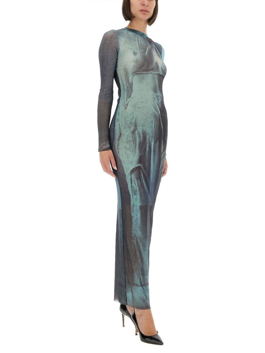 Jean Paul Gaultier Slim Fit Mesh Long Dress With Abstract Patterns