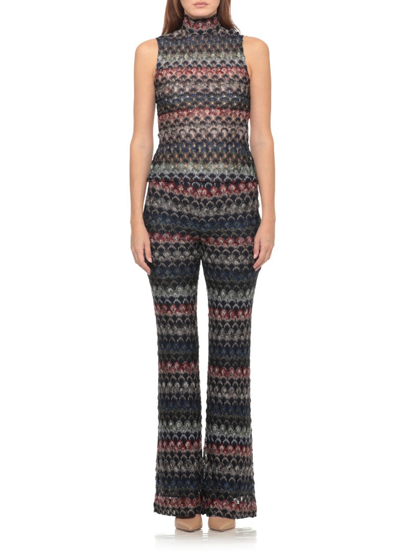 Missoni Blue Geometric Lurex Elastic Waist Viscose Flared Pants