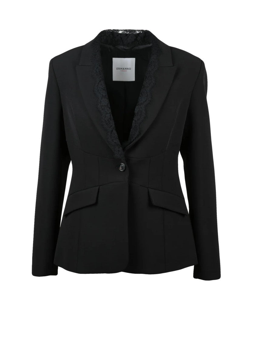 Ermanno Firenze Tailored Fitted Jacket With Lace-Trimmed Lapel And Elegant Detailing