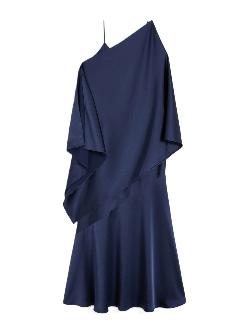 Max Mara Asymmetrical Deep Navy Maxi Dress With Draped Overlay