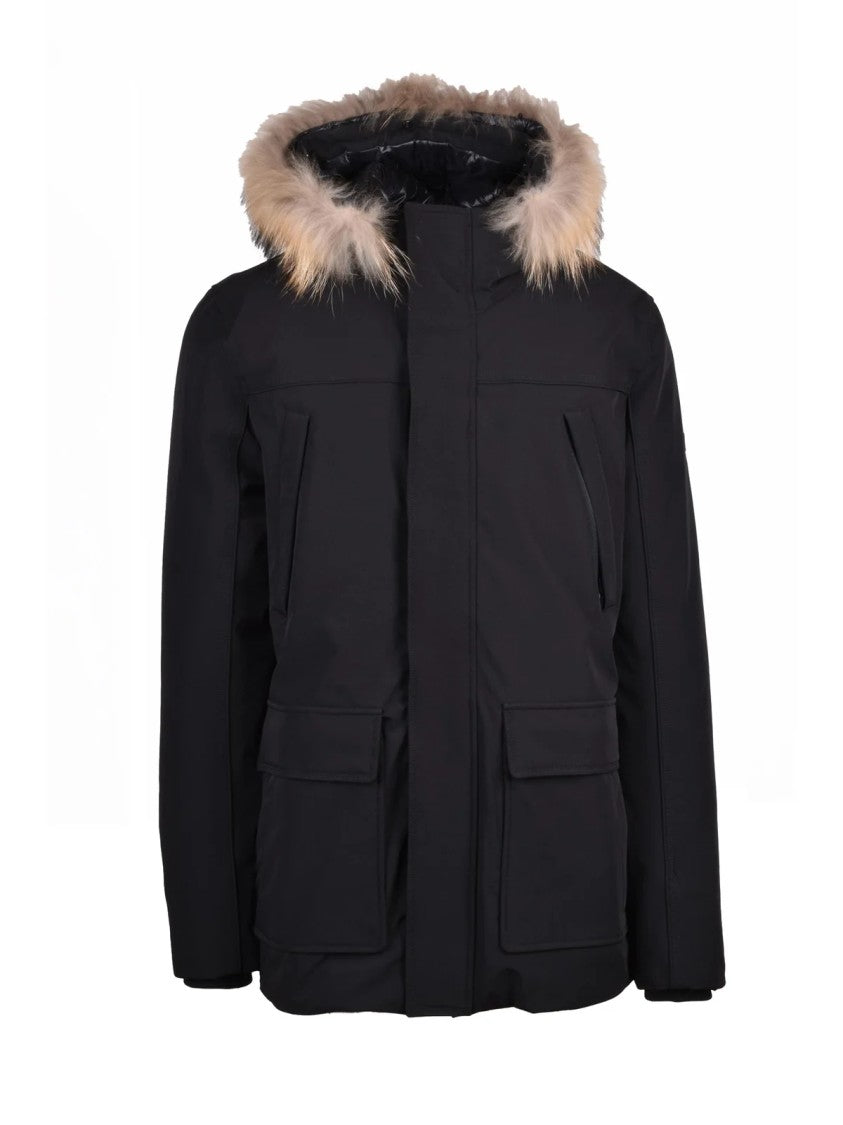 Yes Zee Black Fur-Trimmed Hood Stretch Nylon Down Jacket