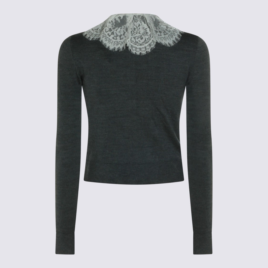 Self-Portrait Fitted Black Sweater With Lace Accent And Pearl-Embellished Buttons