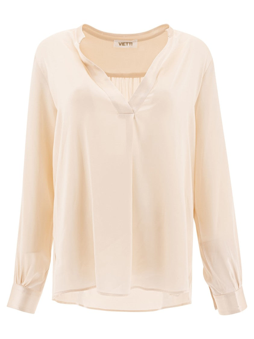 F.It Silk-Elastane Blend Beige Long-Sleeved Shirt