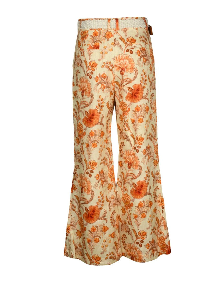 Zimmermann Flared Trousers With Intricate Floral Pattern And Woven Belt