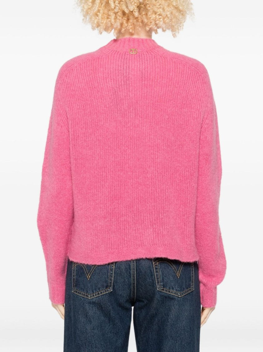 Twin-Set Pink Ribbed Knit Sweater With Cropped Hem