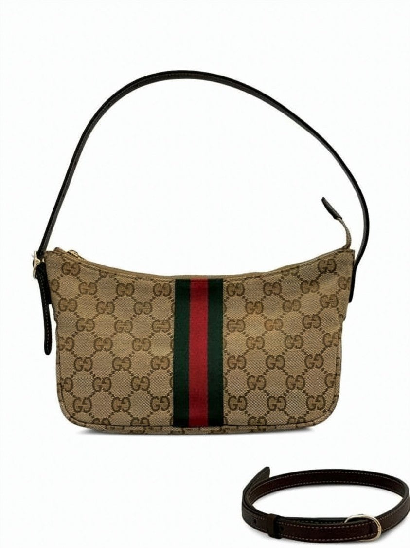 Gucci Monogram Canvas Crossbody Bag With Signature Stripe