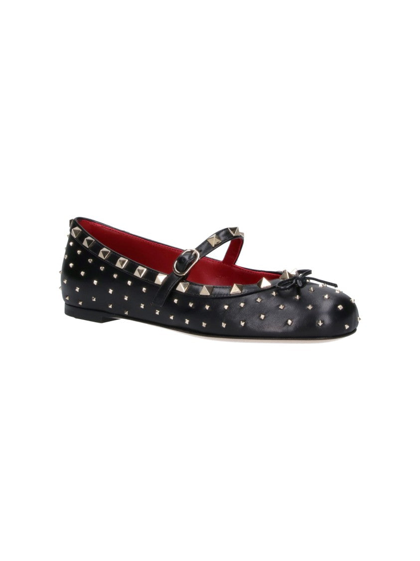 Valentino Garavani Rockstud Rounded Toe Adjustable Strap Leather Ballet Flats