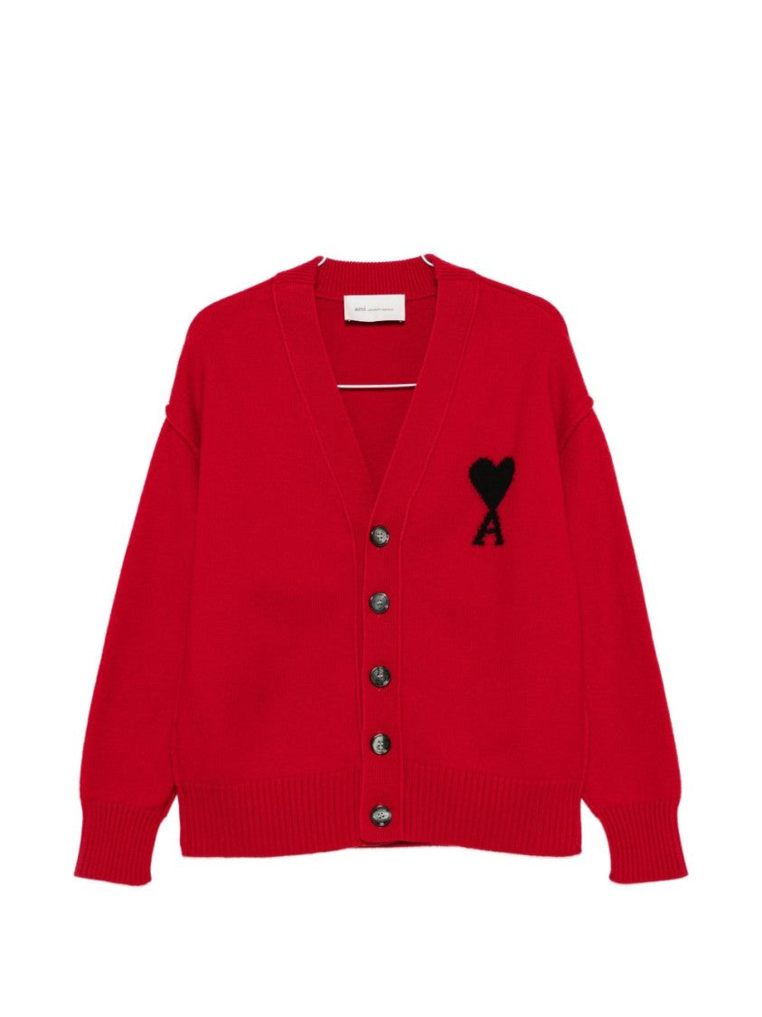 Ami Paris Monogram V-Neck Sweater - Red