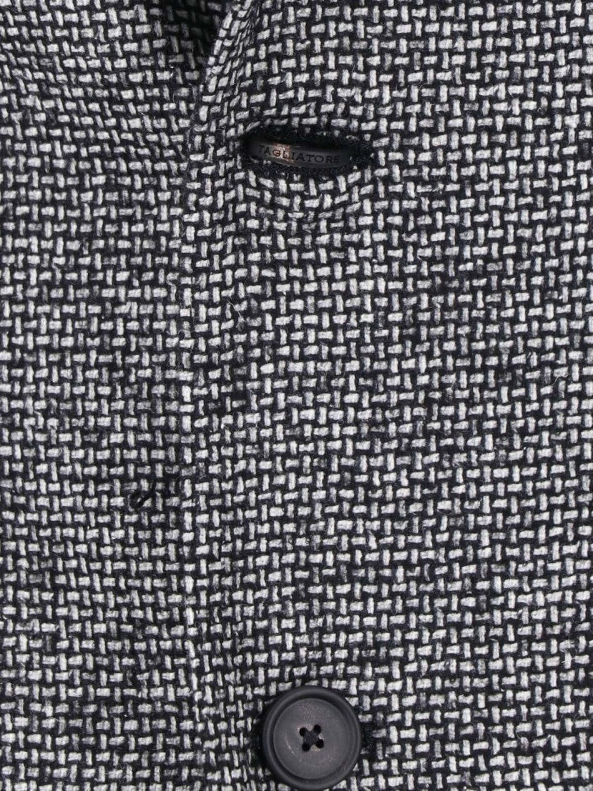 Tagliatore Textured Black And White Wool Blend Blazer With Classic Lapels