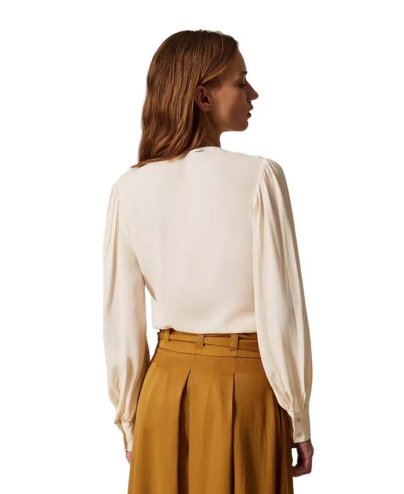Twin-Set White Viscose-Blend Crêpe De Chine Crossover Ruffled Blouse