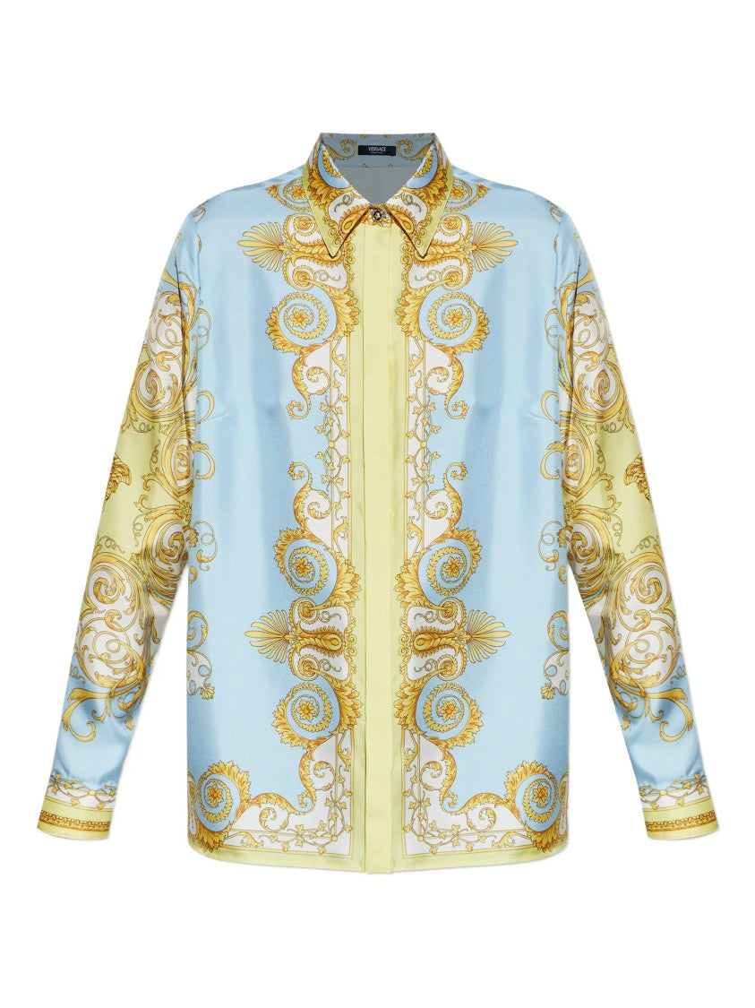 Versace Pastel Blue Baroque-Inspired Silk Scroll Shirt