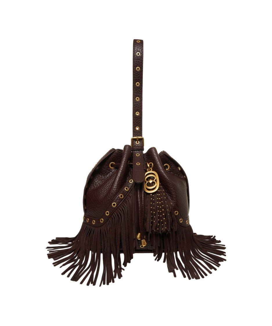 La Carrie Hammered Leather Bucket Bag With Fringes