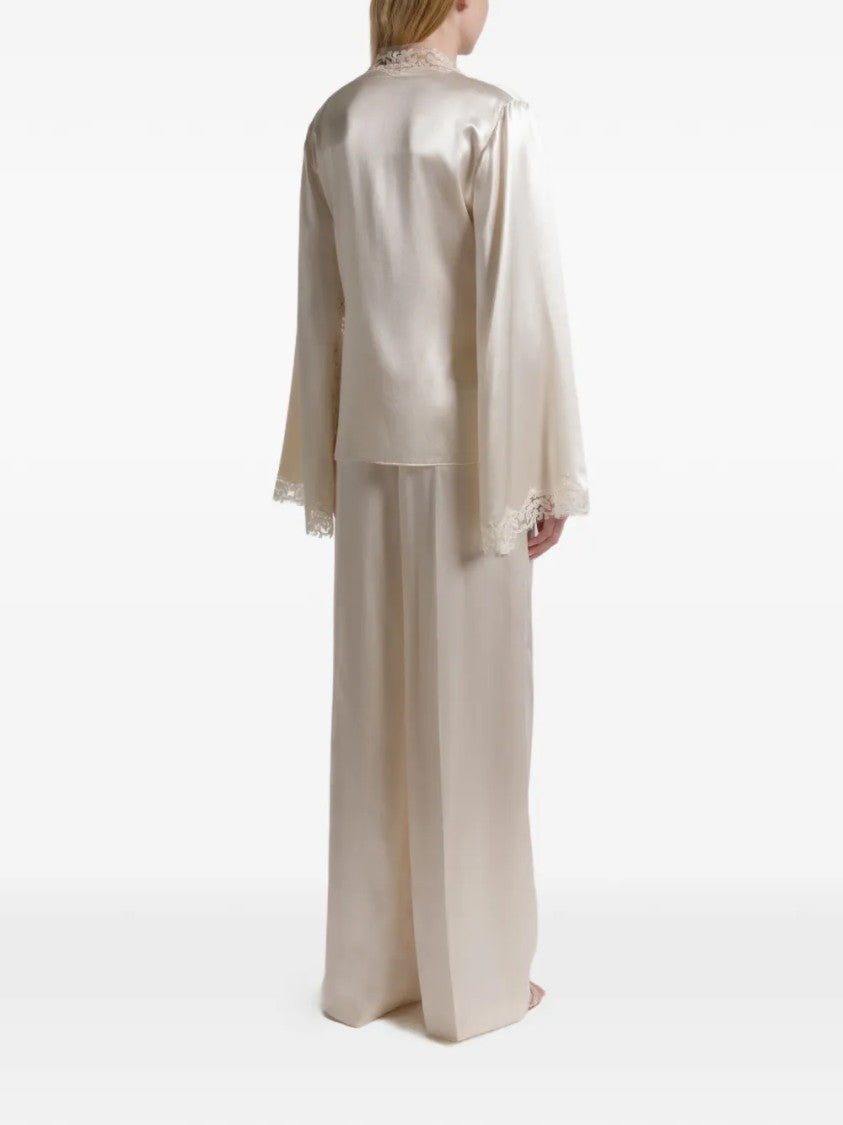 Alberta Ferretti Satin-Finish Blouse With Delicate Lace Trim And Tie Closures