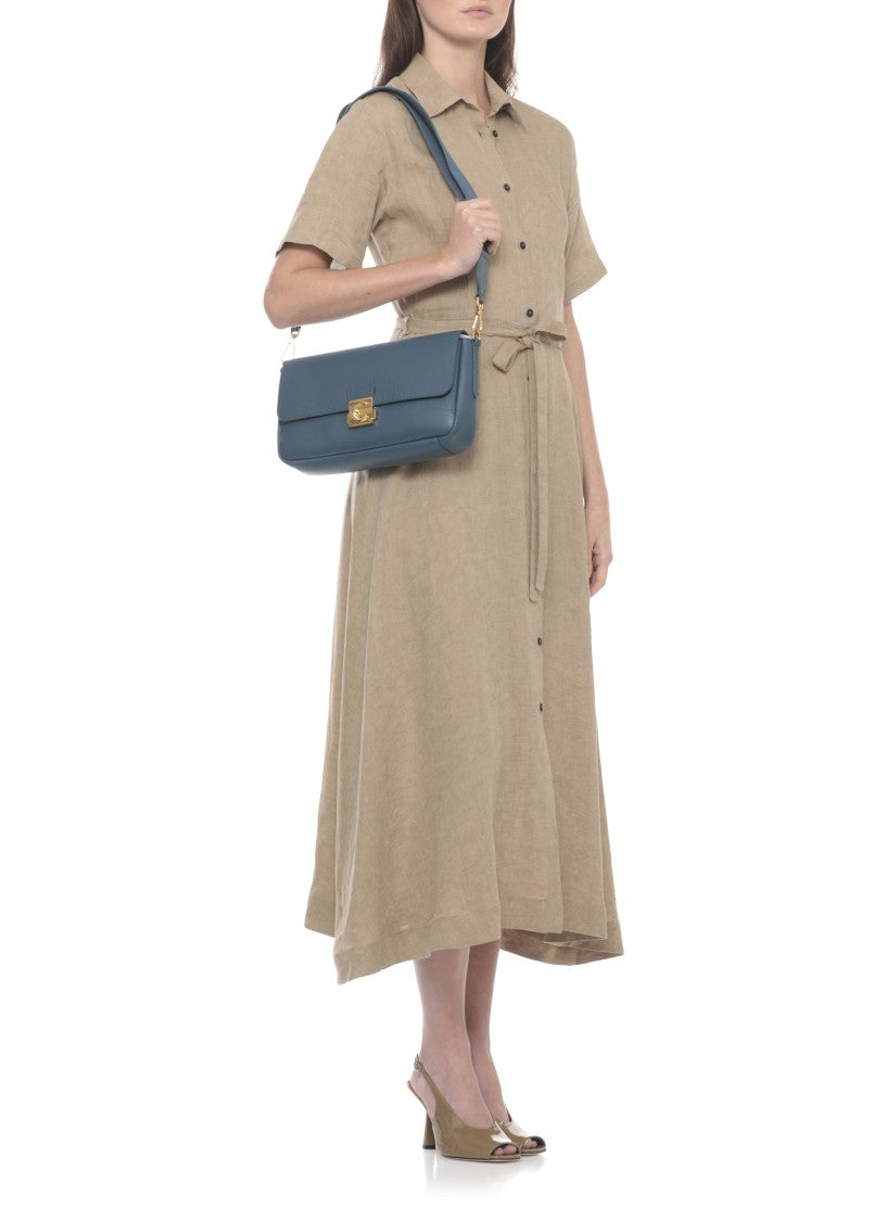 Coccinelle Structured Blue Leather Shoulder Bag With Distinctive Gold-Tone Lock