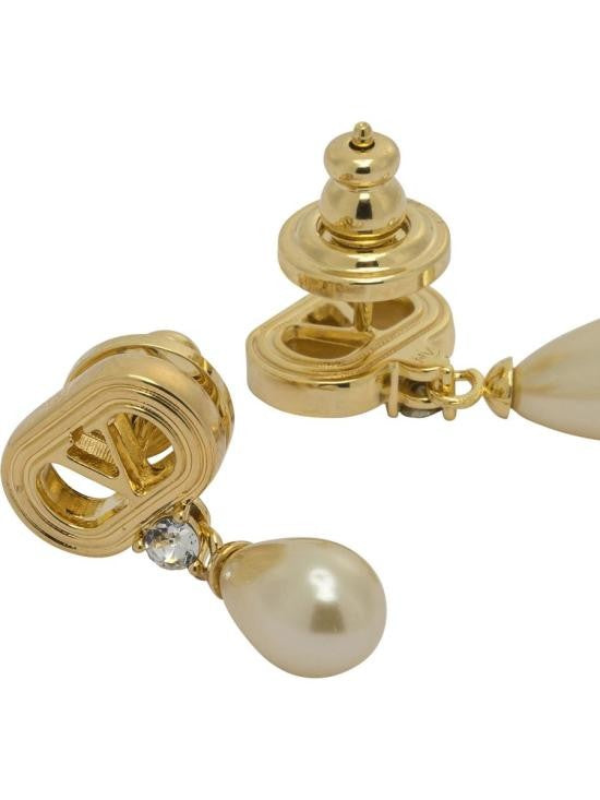 Valentino Garavani Yellow Brass Oval Frame Earrings With Teardrop Pearl Pendant