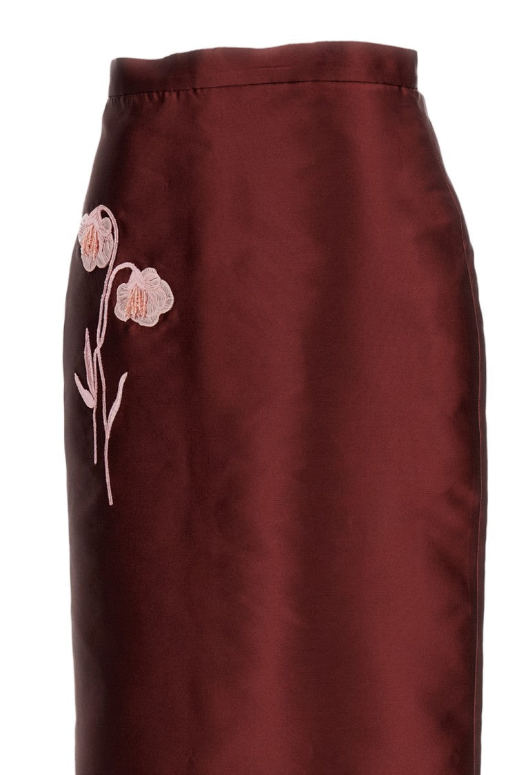 Erdem Burgundy Embroidered Mikado Midi Skirt