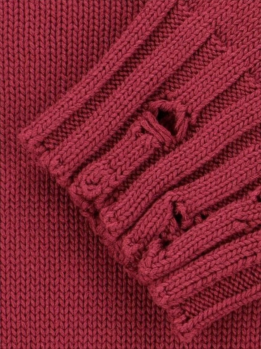 Marni Deep Burgundy Knit Sweater With Distressed Hem And Cuffs