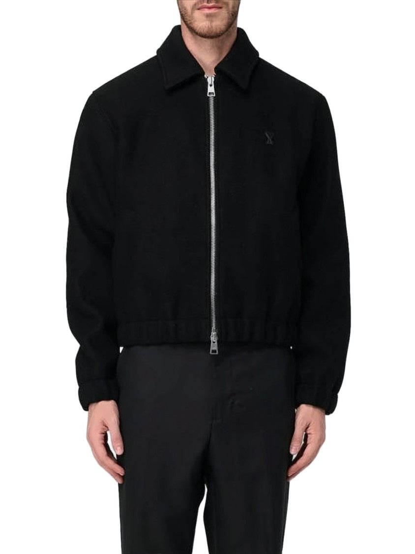 Ami Paris Slightly Cropped Wool Jacket With Classic Collar And Embroidered Logo
