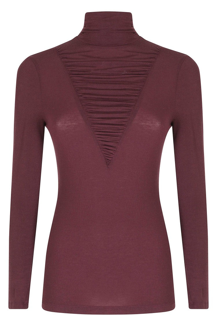 Nissa Bordeaux High Neck Gathered Lyocell-Blend Top