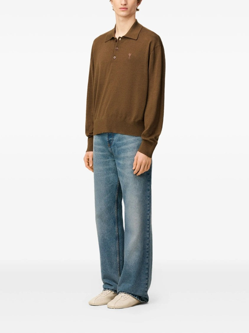 Ami Brown Wool-Silk Blend Polo Shirt