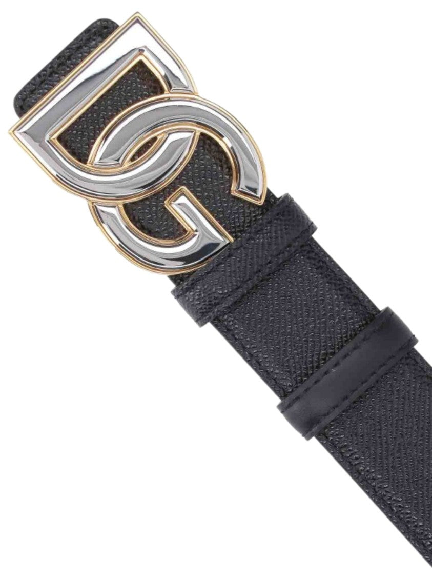 Dolce & Gabbana Black Textured Leather Logo Buckle Belt