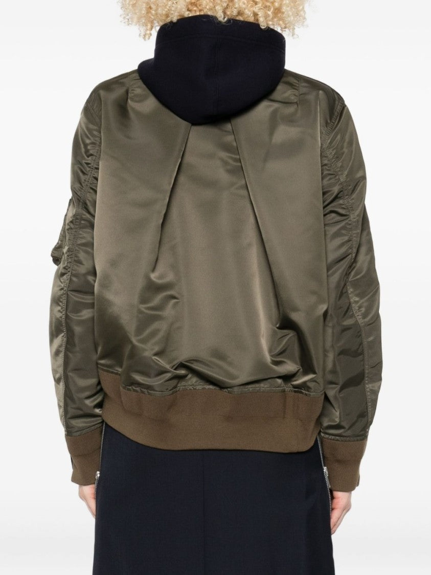 Sacai Midnight Blue Zip-Through Hoodie With Contrasting Olive Satin Sleeves