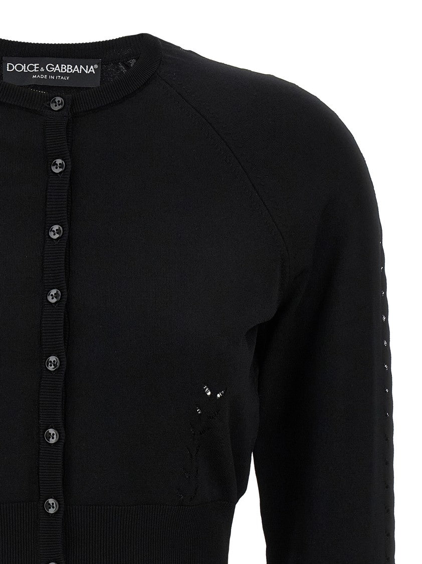 Dolce & Gabbana Cropped Black Viscose Cardigan With Button Closure And Intricate Detailing