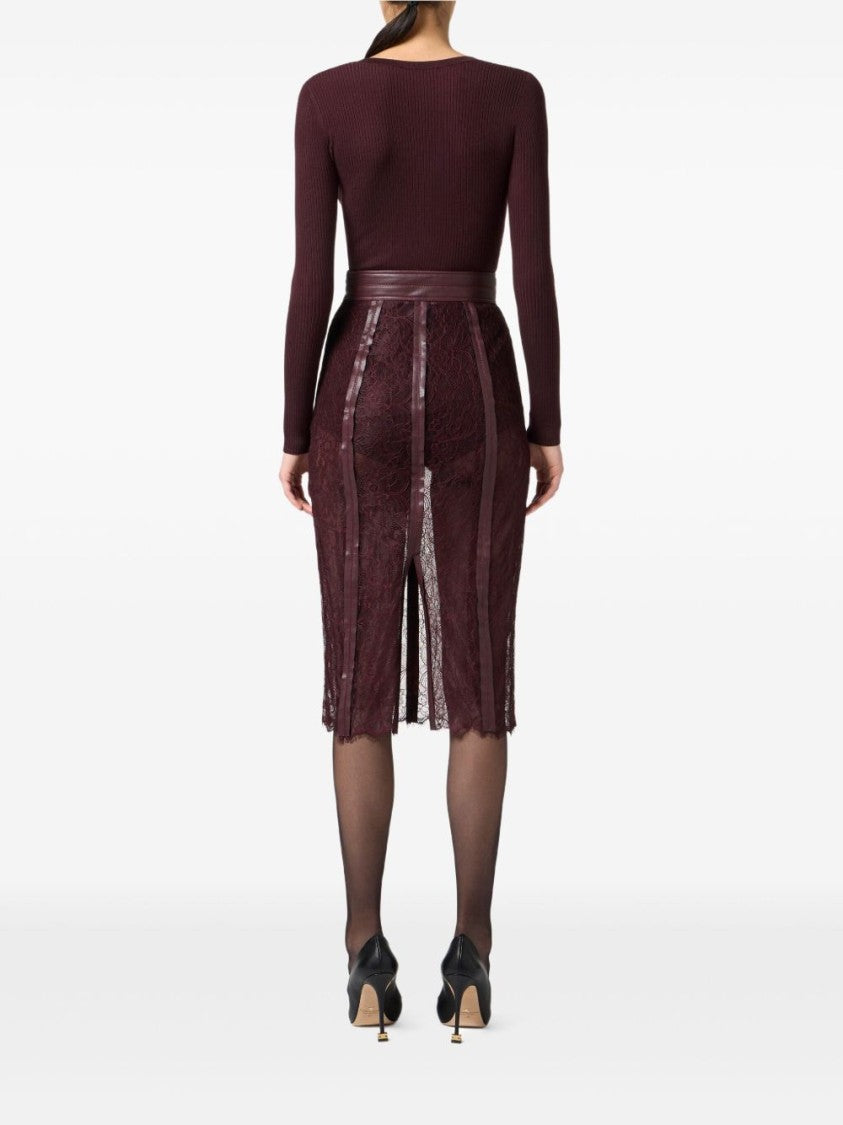 Elisabetta Franchi Bordeaux Midi Skirt With Lace Panels