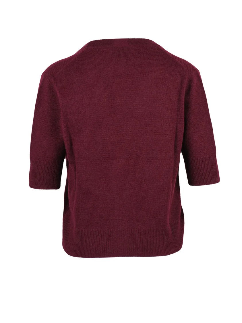 Allude Red Cropped Deep V-Neck Cashmere Cardigan