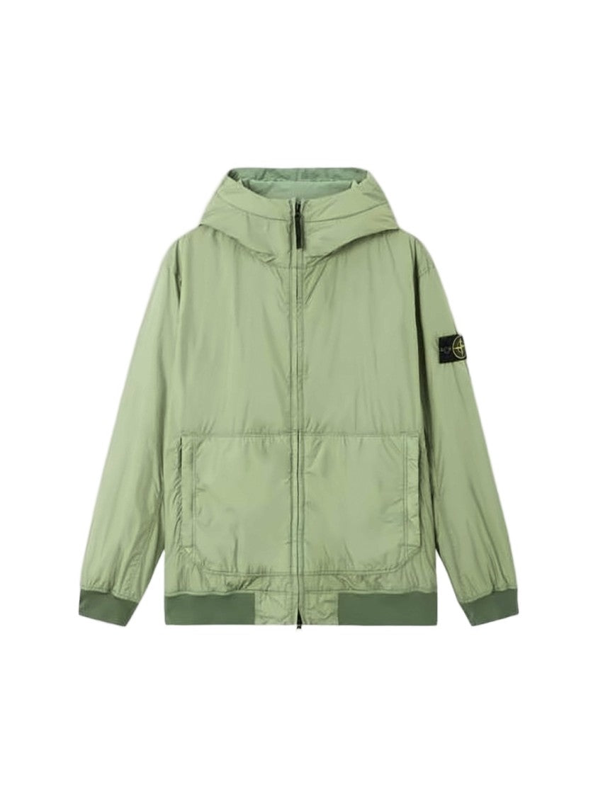 Stone Island Hooded Lightweight Green Jacket With Distinctive Patch