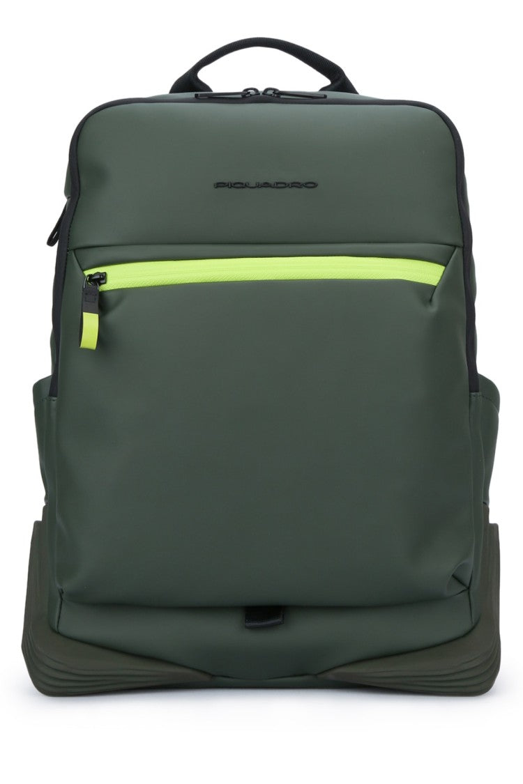 Piquadro Structured Green Backpack With Front Zip Pocket