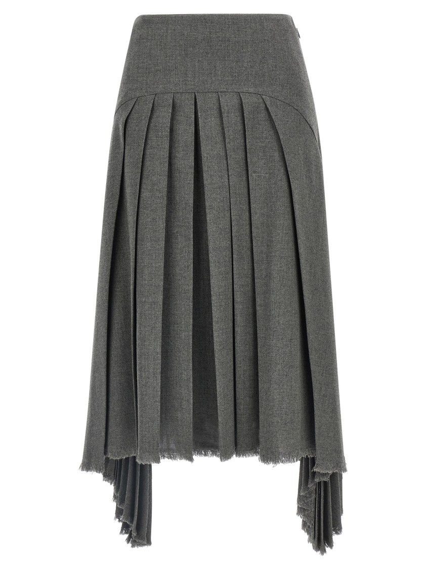 Jil Sander Pleated Wool Canvas Midi Skirt With Asymmetrical Hem And Frayed Detailing