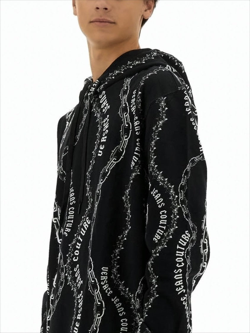 Versace Graphically Printed Black Hoodie With Drawstring And Ribbed Details