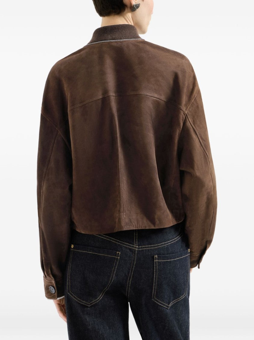 Brunello Cucinelli Brown Cropped Boxy Lamb Suede Jacket