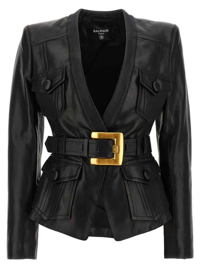Balmain Flared Black Lamb Leather Jacket