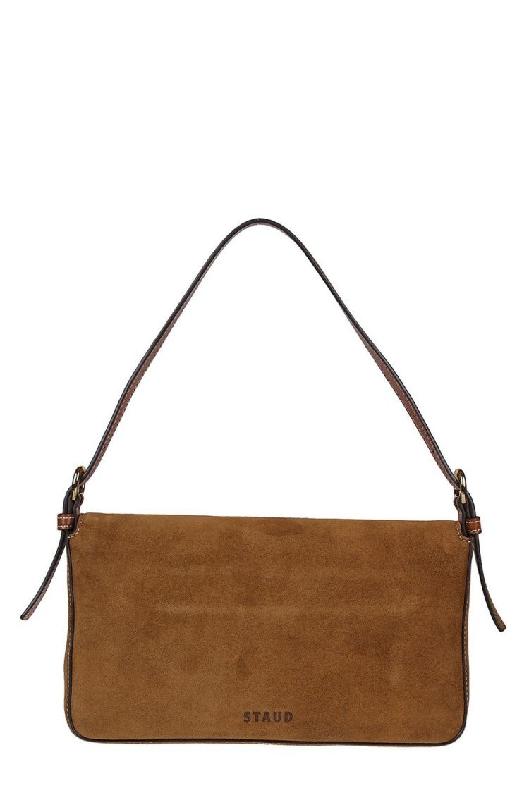 Staud Brown Suede Harlow Bag With Adjustable Handle And Flap Closure