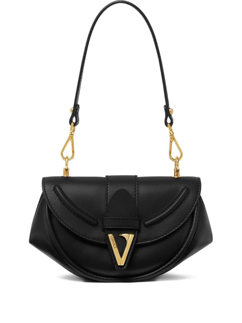 Versace Versace Virtus Small Semicircular Shoulder Bag In Black Calf Leather