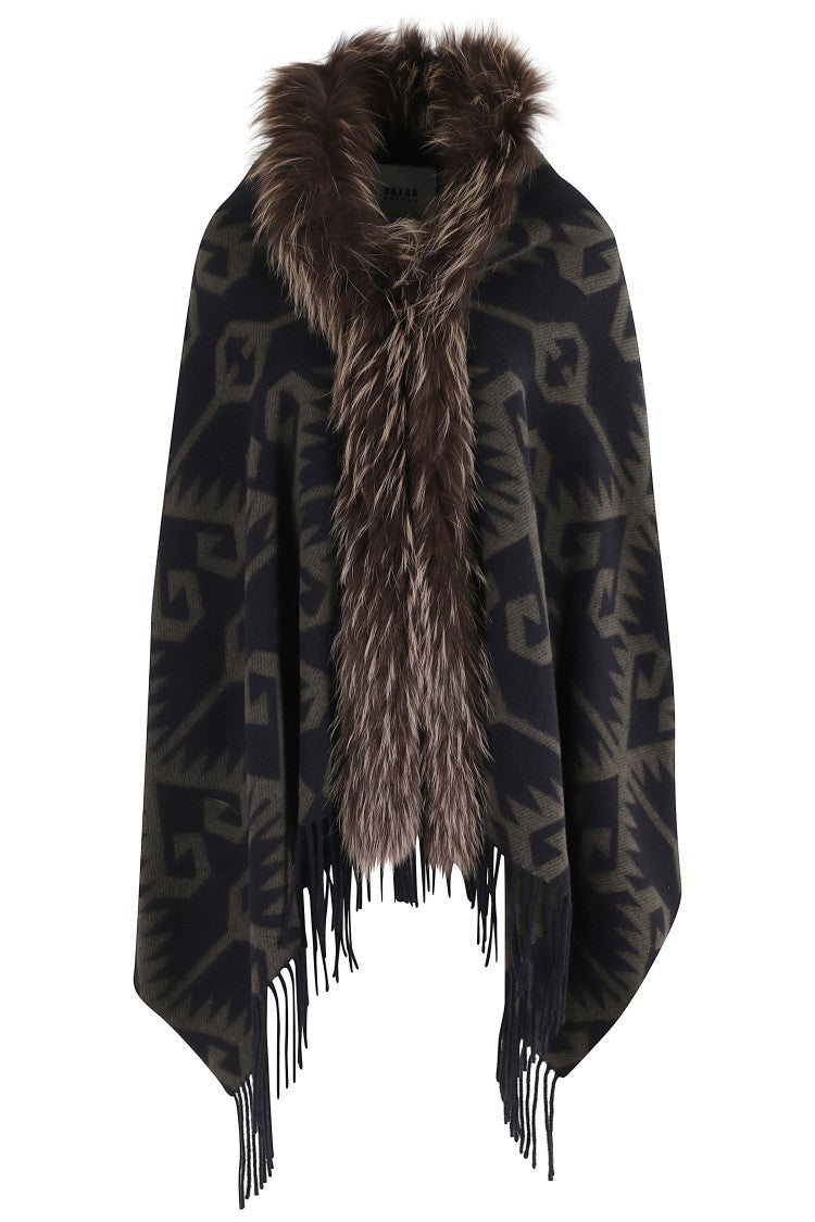Bazar Deluxe Geometric Patterned Poncho With Eco Fur Accents