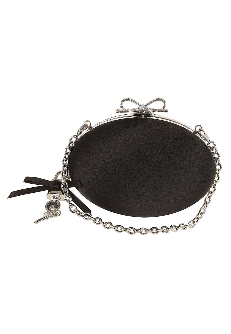Self-Portrait Black Satin Oval Crystal Bow Snap Clutch
