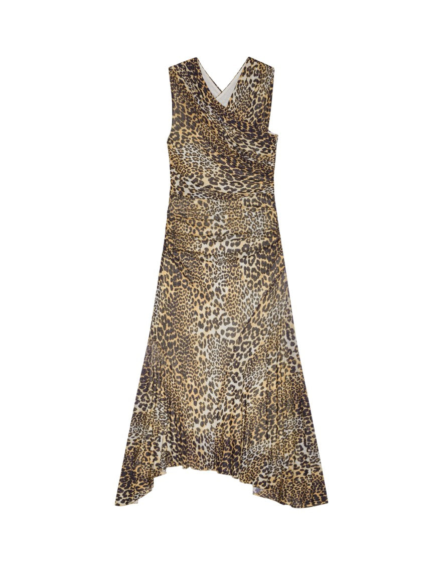 Ganni Midi Dress With Crossover Design And Bold Leopard Print