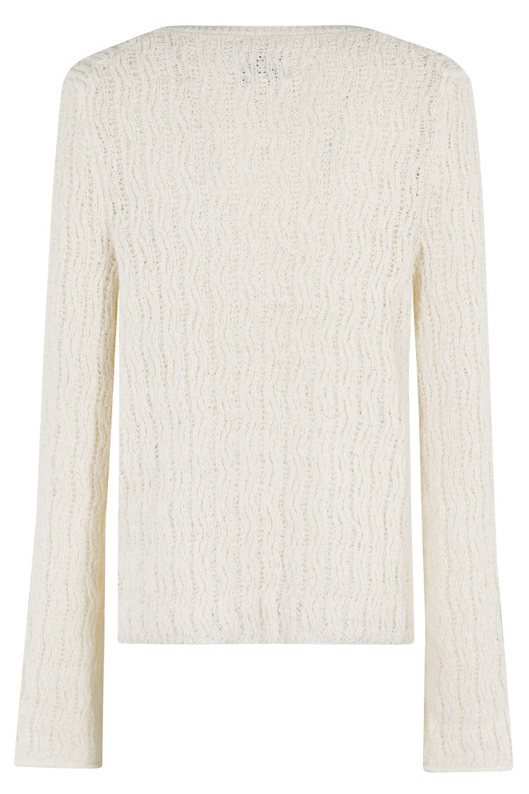 Loulou De Saison Ivory Perforated Cotton V-Neck Sweater