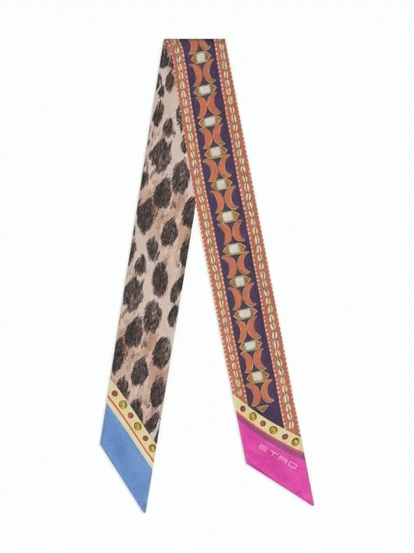 Etro Multicolour Leopard Geometric Slim Silk Scarf