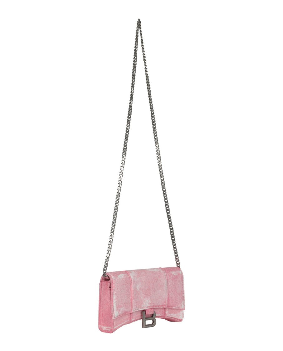 Balenciaga Denim Print Hourglass Wallet On A Chain