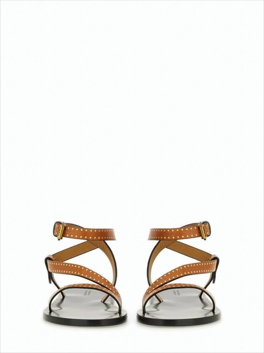 Isabel Marant Flat Brown Leather Sandals With Gold Stud Accents