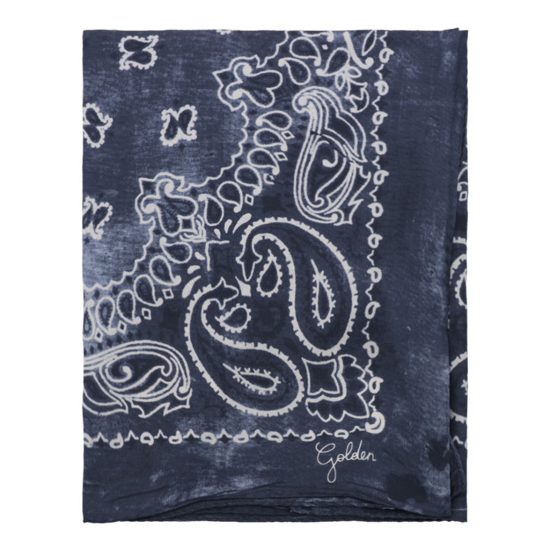 Golden Goose Navy Blue Paisley Scarf With Textured Vintage Finish