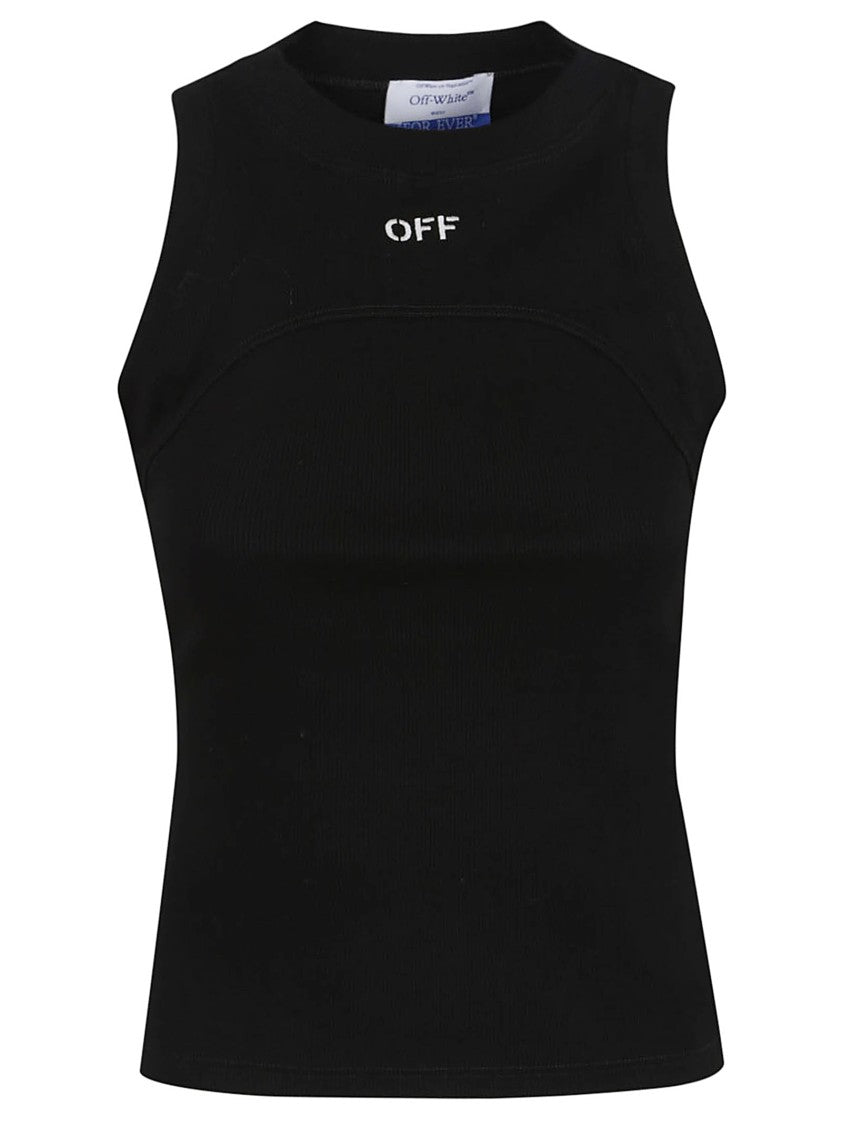 Off-White Ribbed Black Sleeveless Top With High Neckline