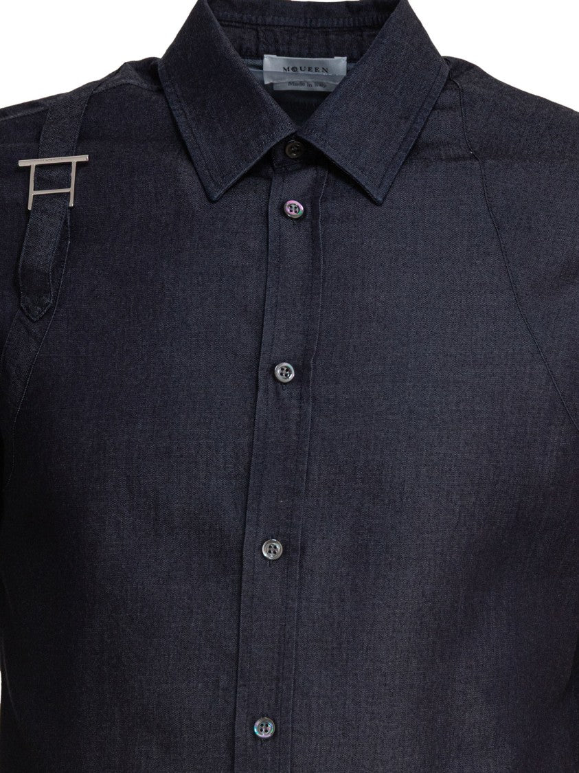 Alexander Mcqueen Deep Blue Cotton-Lyocell Blend Shirt With Unique Strap Detail