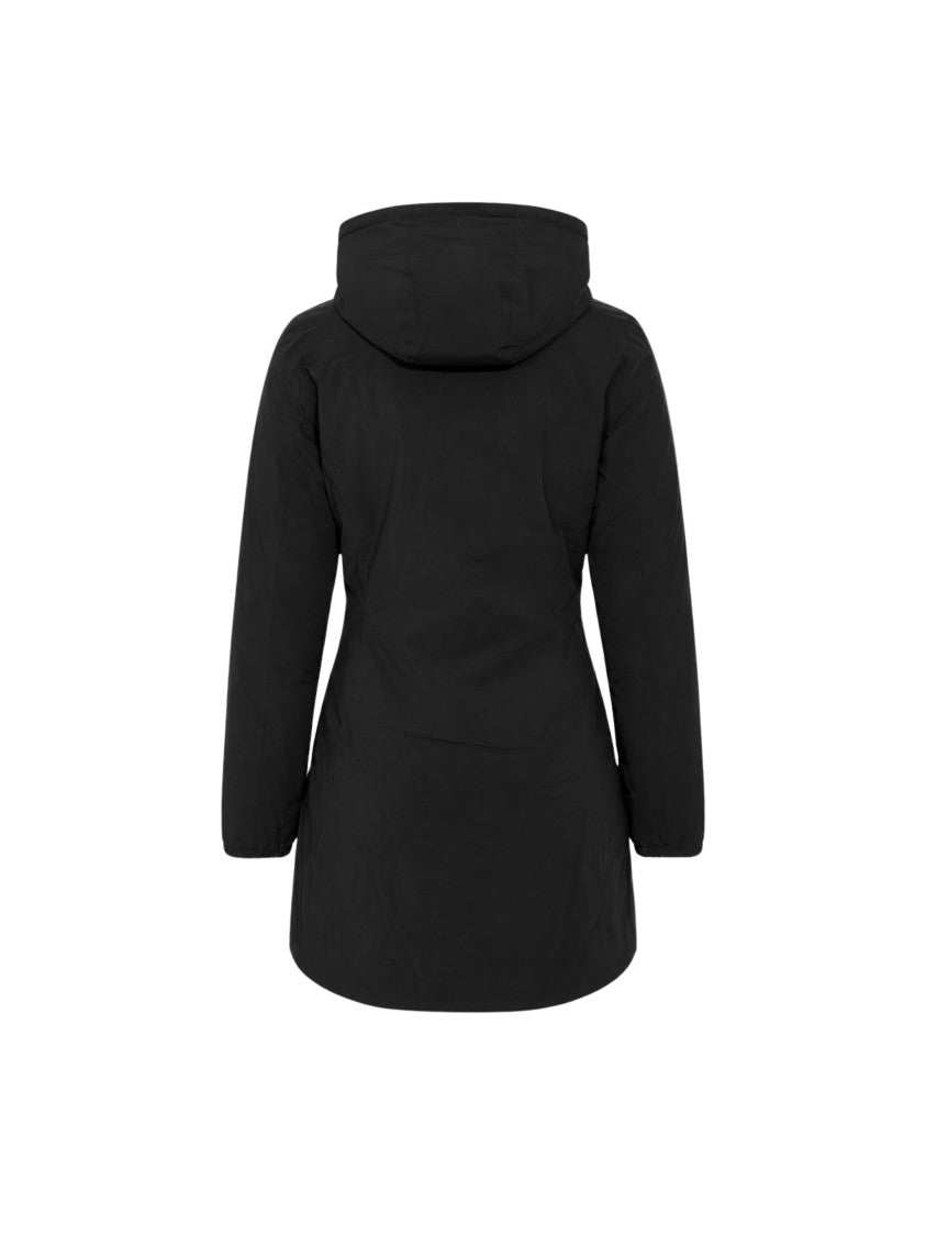 K-Way Longline Black Hooded Coat With Beige Contrast Lining