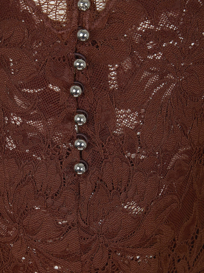 Paco Rabanne Brown Floral Lace Midi Skirt With Scalloped Hem