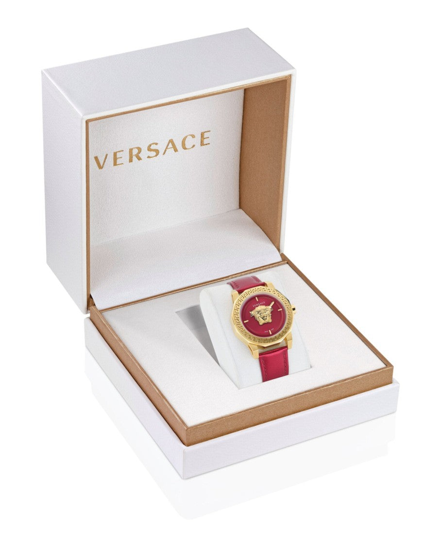 Versace Medusa Motif Yellow Gold Ip Watch With Red Guilloche Dial